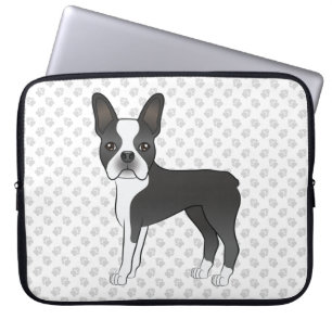 Black and White Boston Terrier Cartoon Dog & Paws Laptop Sleeve