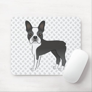 Black and White Boston Terrier Cartoon Dog & Paws Muismat