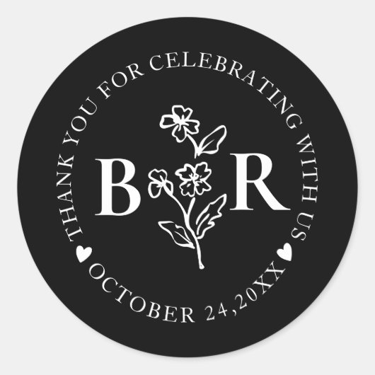 black and white  Botanical Custom  Monogram  Ronde Sticker (Voorkant)