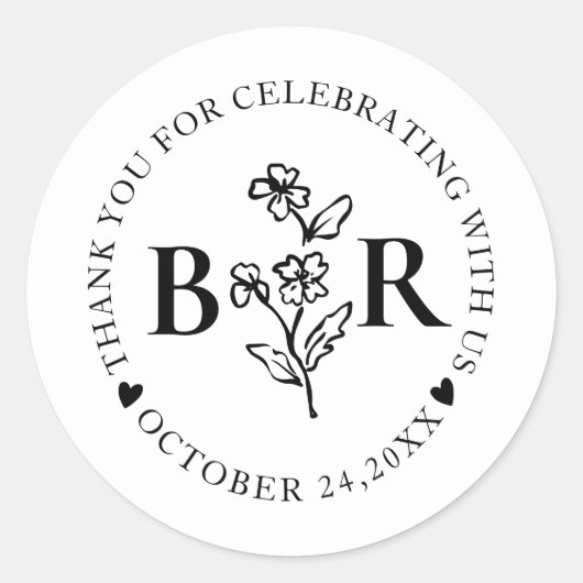 black and white  Botanical Custom  Monogram  Ronde Sticker (Voorkant)