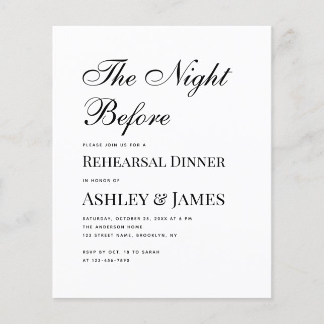 Black and White Budget Rehearal Dinner Invitation (Voorkant)