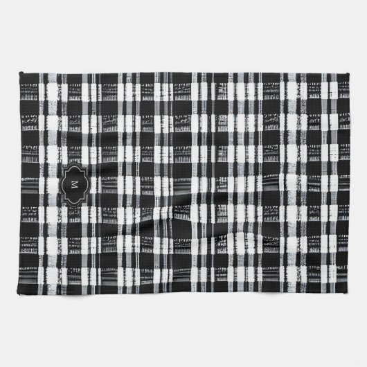 Black and white buffalo plaid monogrammed theedoek (Horizontaal)