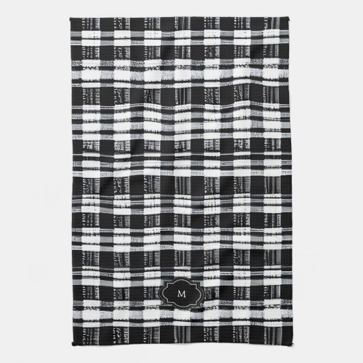 Black and white buffalo plaid monogrammed theedoek (Verticaal)