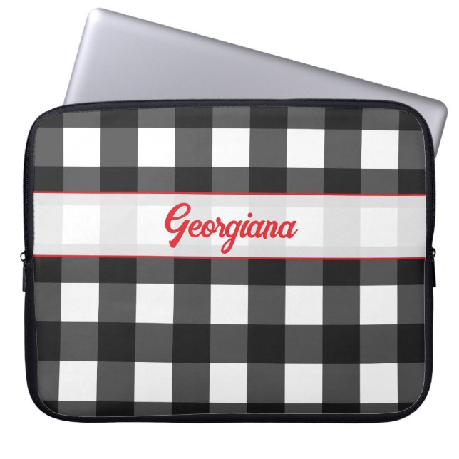 Black and White Buffalo Plaid Personalized Laptop Sleeve (Voorkant)