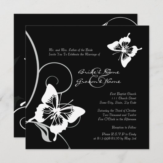 Black and White Butterfly Wedding Invitation Kaart (Voorkant / Achterkant)