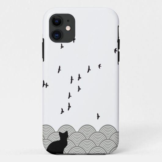 Black and white cat and birds iPhone case (Achterkant)