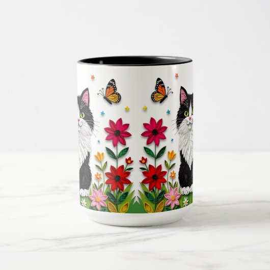 Black and White Cat, Flowers and Butterflies Mok (Midden)