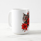 Black and White Cat with Bright Red Blooms Koffiemok (Voorkant links)