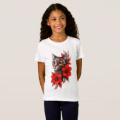 Black and White Cat with Bright Red Blooms Toddler T-shirt (Voorkant volledig)