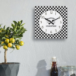 Black and White Chef Check Kitchen Clock Vierkante Klok