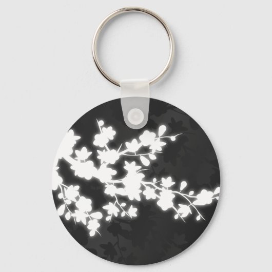 Black and White Cherry Blossom Sleutelhanger (Voorkant)