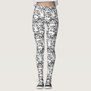 Black and White Crazy Stick Angel Scribble Pattern Leggings