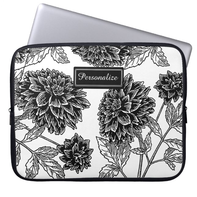 Black and White Dahlia Pattern Personalised Laptop Sleeve (Voorkant)