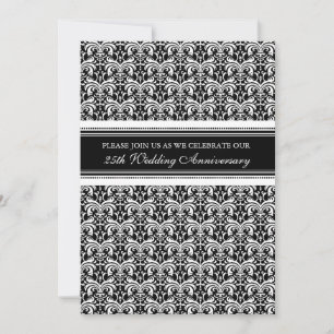 Black and White Damask 25th Jubileum Party Kaart