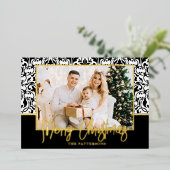 Black and White Damask Gold Folie Feestdagenkaart (Staand Voorkant)