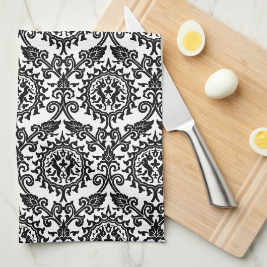 Black and White Damask Hare Pattern Theedoek (Quarter Fold)