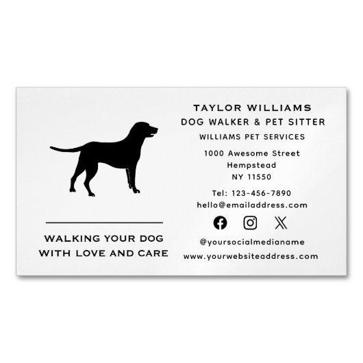 Black and White Dog Walker Huisdier Sitter Sociale Magnetisch Visitekaartje (Voorkant)