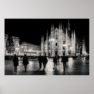Black and White Duomo Piazza Night Scene, Milaan Poster