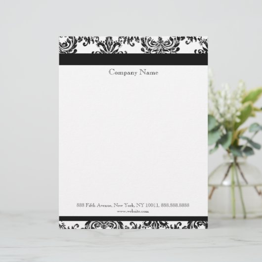 Black and White Elegant Damask Letterhead Briefhoofd (Staand voorkant)