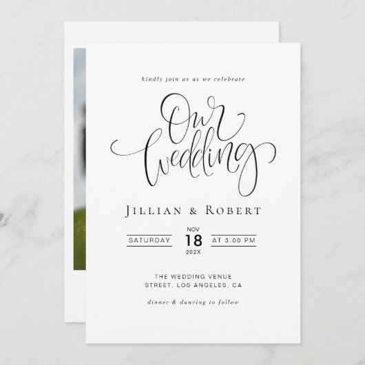 black and white elegant script wedding invitation (Devant / Derrière)