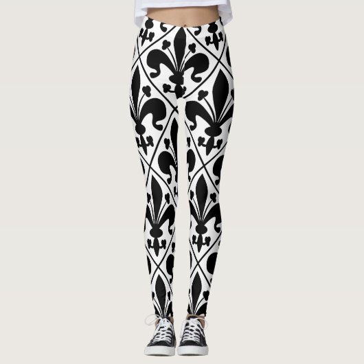 Black and White Fleur de Lis French Classic Leggings (Voorkant)