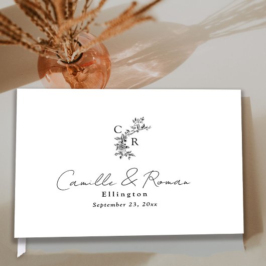 Black and White Flora Monogram Calligraphy Wedding Gastenboek