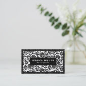 Black and White Floral Damask Visitekaartje (Staand voorkant)