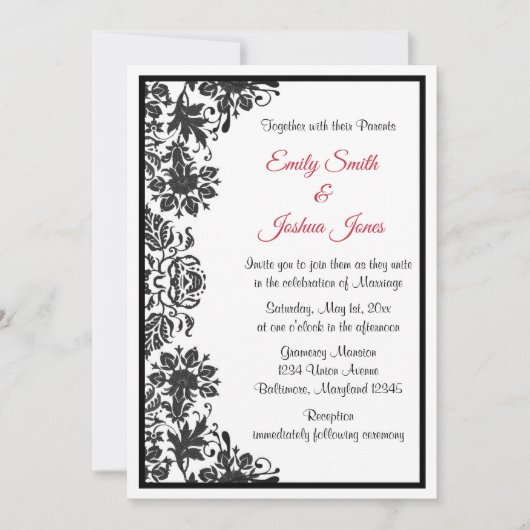 Black and White Floral Damask Wedding Kaart (Voorkant)