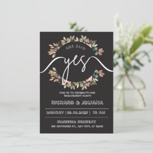 Black and White Floral Engagement Party Uitnodigin Kaart