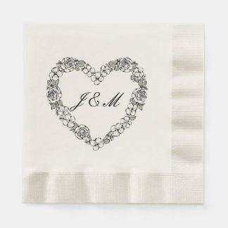 Black and White Floral Heart Wedding Napkins Servet