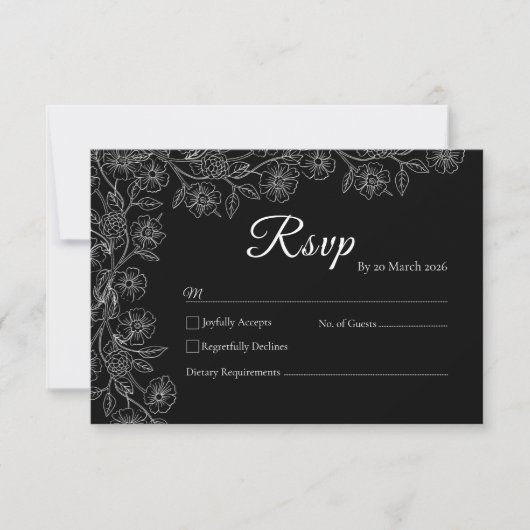 Black and White Floral Line Art Wedding RSVP Card Kaartje (Voorkant)