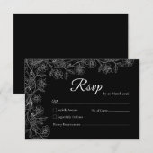 Black and White Floral Line Art Wedding RSVP Card Kaartje (Voorkant / Achterkant)