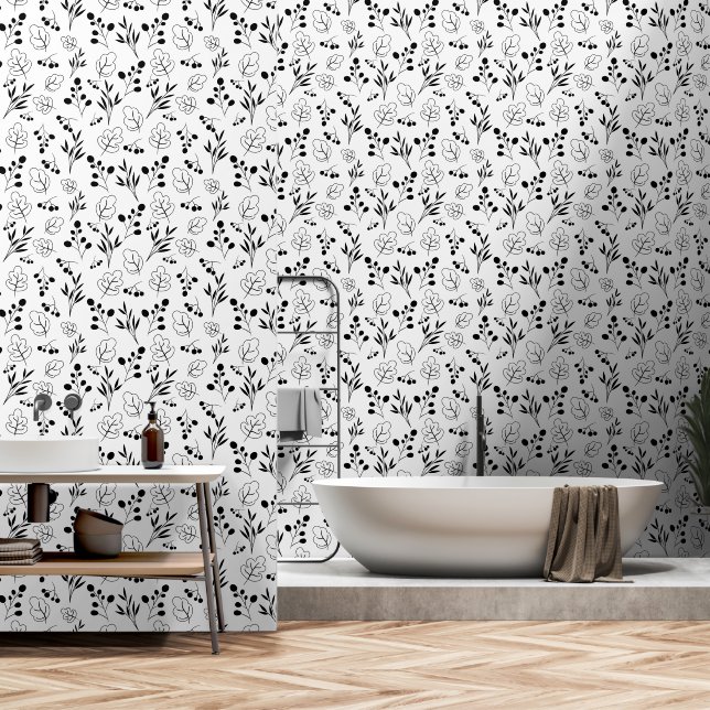 Black and White Floral Seamless Pattern Behang (Badkamer)