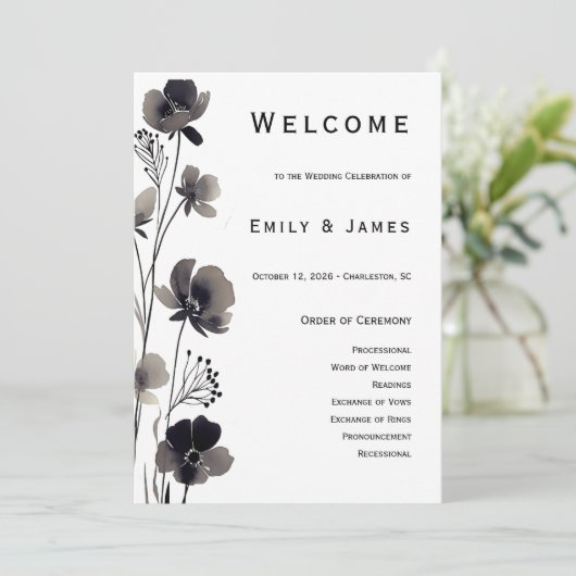 Black and White Floral Wedding Programma (Staand voorkant)