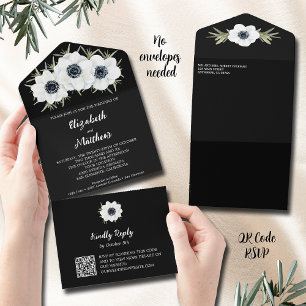 Black and White Flowers Wedding All In One Uitnodiging
