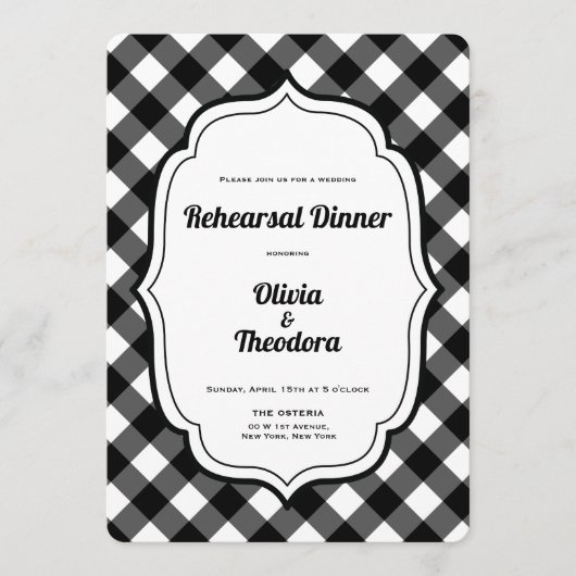 Black and White Gingam Rehearsal Dinner Invitation Kaart (Voorkant)