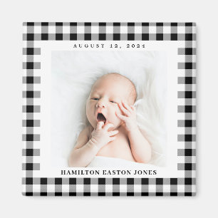 Black and White Gingham Check Baby Birthdate Magneet