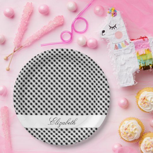 Black and White Gingham Check Pset Pattern Papieren Bordje (Feest)