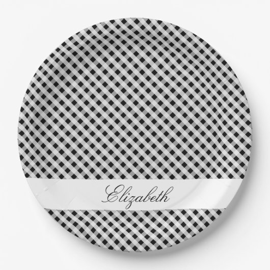 Black and White Gingham Check Pset Pattern Papieren Bordje (Voorkant)