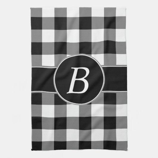Black and White Gingham Monogram Kitchen Towel Theedoek (Verticaal)