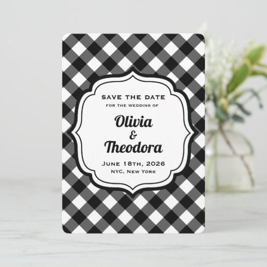 Black and White Gingham Save the Date Cards Kaart (Staand voorkant)