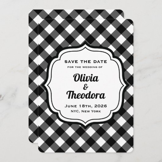 Black and White Gingham Save the Date Cards Kaart (Voorkant / Achterkant)