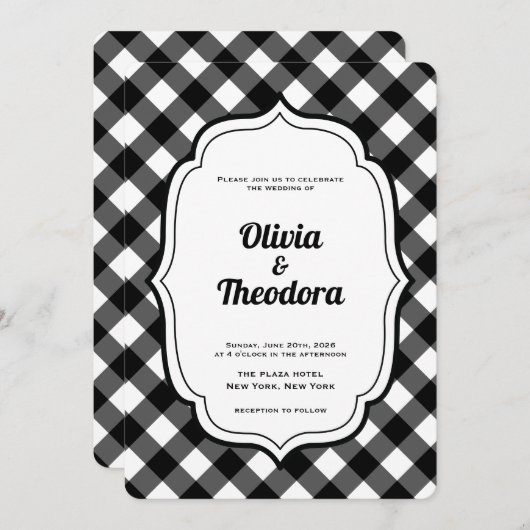 Black and White Gingham wedding invitation (Devant / Derrière)