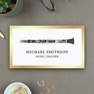 Black and White Gold Foil Clarinet Music Teacher Visitekaartje