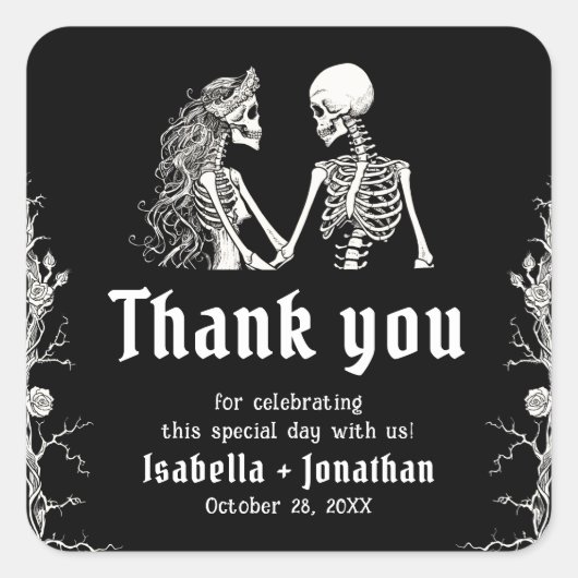 Black and White Gothic Halloween Skeleton Wedding Vierkante Sticker (Voorkant)