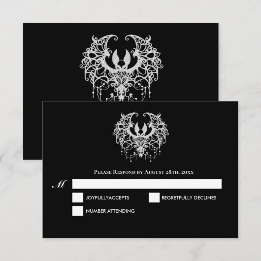 Black and white Gothic Halloween Wedding RSVP Card (Devant / Derrière)