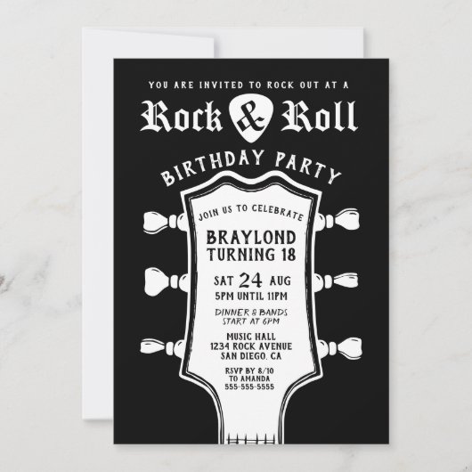 Black and White Guitar Birthday Invitation Kaart (Voorkant)