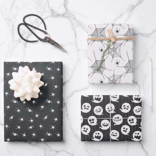 Black and White Halloween Threadders Spiders Ghost Inpakpapier Vel (Voorkant)