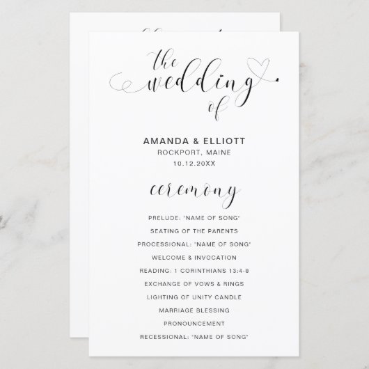 Black and White Heart Programme de mariage moderne (Devant / Derrière)