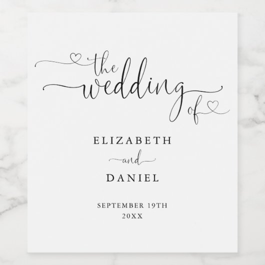 Black And White Heart Script Trouwdag Wijn Etiket (Enkel label)